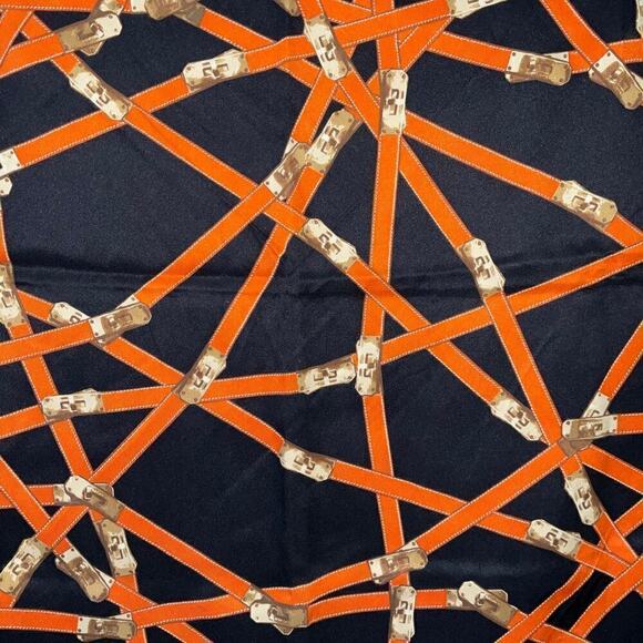 Hermès Silk Scarf Très Kelly Handbag Turnlock Motif Black Orange 70cm 26” - Picture 7 of 13